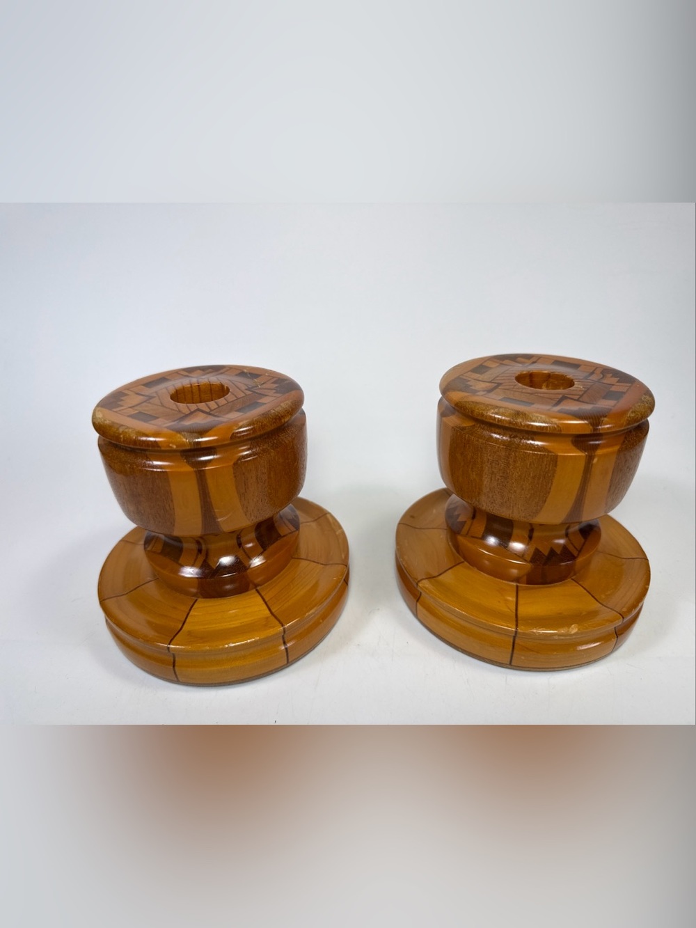 Handcrafted Wooden Candlestick Holders in Warm Brown - Pair